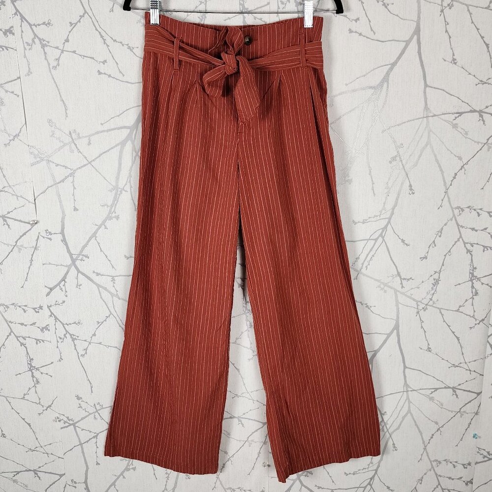 Blue Rain Orange Pinstripe High Rise Tie Front Wide Leg Pants